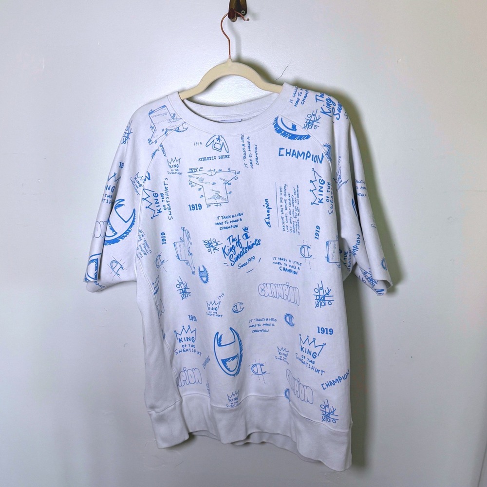 Champion Reverse Weave All Over Print Short Sleeve Sweatshirt White Blue 2XL